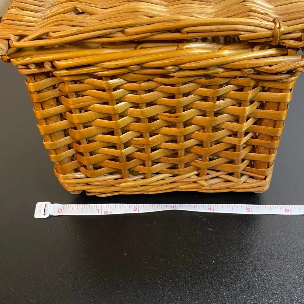 Small Vintage Handwoven Wicker Trinket Chest Basket with Hinged Lid